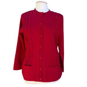 Castle Of Ireland Red Wool Cardigan Sweater Womens Size M Long Sleeve Button Dow